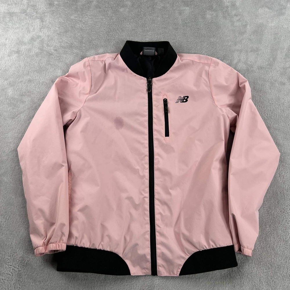 New Balance Bomber Jacket Womens M Pink Black Windbreaker Zip Track Athletic Top